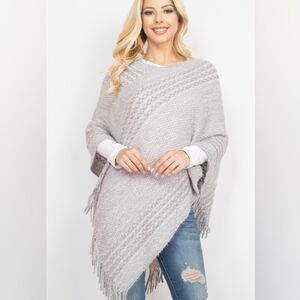 Solid Gray Stripe Knit Poncho with Tassels